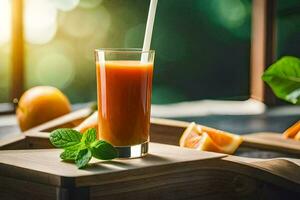 a glass of orange juice with a straw on a table. AI-Generated photo
