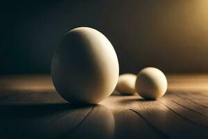 three eggs on a wooden floor. AI-Generated photo