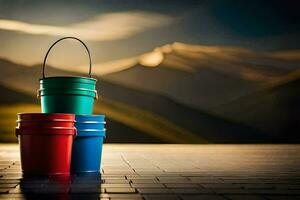 three buckets sitting on a brick floor with mountains in the background. AI-Generated photo