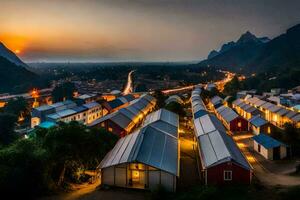 a village at dusk with many houses and mountains in the background. AI-Generated photo