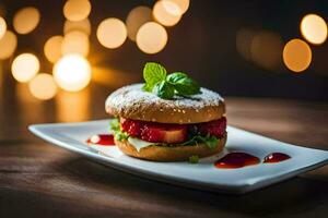 a hamburger with strawberry sauce on a white plate. AI-Generated photo