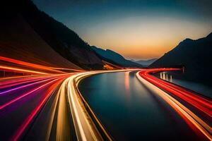 a long exposure photograph of a highway at sunset. AI-Generated photo