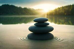 a stack of stones sitting on the sand in front of a lake. AI-Generated photo