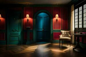 a room with red walls and a blue door. AI-Generated photo