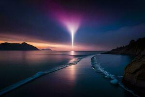 a rainbow light is shining over the ocean. AI-Generated photo