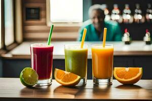 three glasses of juice with orange slices and a man behind the bar. AI-Generated photo