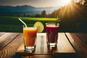 dos lentes de jugo en un mesa con montañas en el antecedentes. generado por ai foto