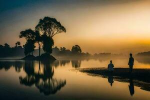 dos personas estar en el apuntalar de un lago a amanecer. generado por ai foto