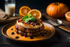 pumpkin pancakes with orange slices and orange juice. AI-Generated photo