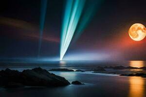 un brillante ligero brilla terminado el Oceano y rocas generado por ai foto