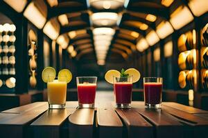 three glasses of juice on a wooden table. AI-Generated photo