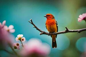 a small orange bird sits on a branch with pink flowers. AI-Generated photo