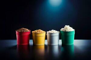 four different colored containers with different types of food. AI-Generated photo