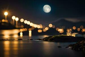foto fondo de pantalla el luna, noche, faro, agua, el mar, el luna, el ligero. generado por ai