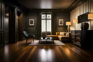 un vivo habitación con oscuro madera pisos y un negro pared. generado por ai foto