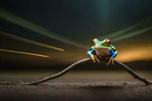 a frog sitting on a branch with a light trail behind it. AI-Generated photo