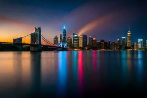 el ciudad horizonte a noche con un arco iris en el cielo. generado por ai foto