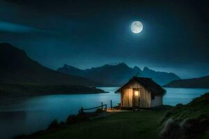 the moon over the cabin in the mountains. AI-Generated photo