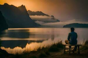 a man sitting on a bench overlooking a lake and mountains. AI-Generated photo