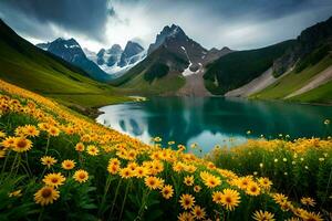 the lake is surrounded by yellow flowers and mountains. AI-Generated photo