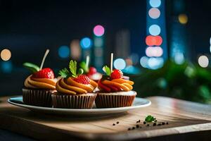 three cupcakes with strawberries and chocolate on a plate. AI-Generated photo