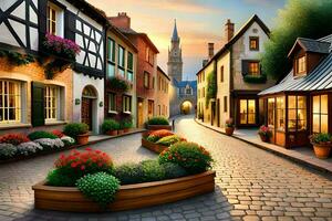 un calle escena con flores y edificios generado por ai foto