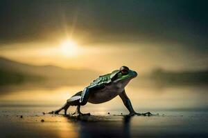a frog is standing on the shore at sunset. AI-Generated photo