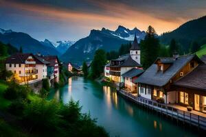 photo wallpaper mountains, water, houses, lake, town, river, sunset, mountains, lake. AI-Generated