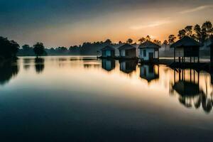 un lago con varios pequeño casas en él. generado por ai foto