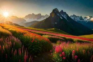 el Dom sube terminado el montañas y flores en el primer plano. generado por ai foto