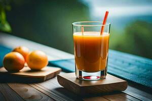 a glass of orange juice on a wooden table. AI-Generated photo