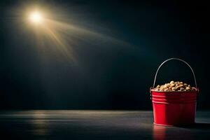 a bucket filled with peanuts on a dark table. AI-Generated photo
