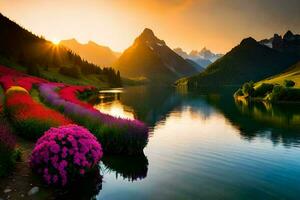 the flowers are blooming in the mountains at sunset. AI-Generated photo