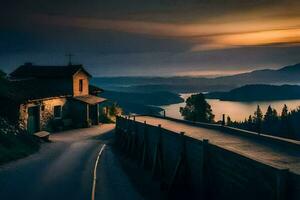 un la carretera líder a un casa con un lago en el antecedentes. generado por ai foto