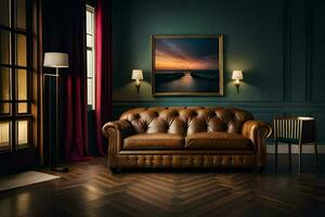 a leather sofa in a room with a painting on the wall. AI-Generated photo