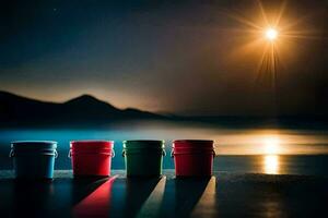 three buckets of paint are lined up on a beach at night. AI-Generated photo