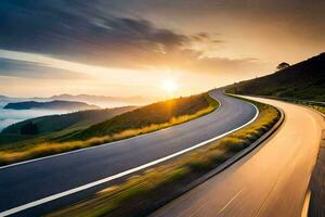 a winding road in the mountains with the sun setting. AI-Generated photo