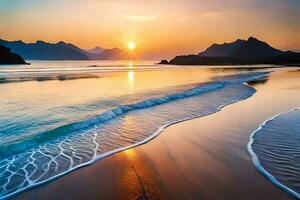 the sun sets over a beach and mountains. AI-Generated photo