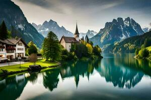 un hermosa lago y montaña paisaje en el Alpes. generado por ai foto