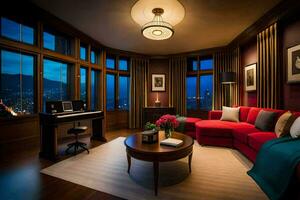 el vivo habitación tiene un rojo sofá, un piano y un ventana con vista a el ciudad. generado por ai foto