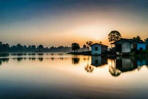 un lago con casas y un amanecer. generado por ai foto