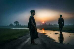 two boys stand on the road at sunset. AI-Generated photo