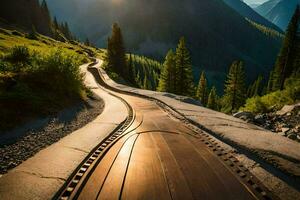 el Dom es ajuste terminado un de madera la carretera en el montañas. generado por ai foto