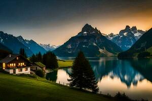 un casa se sienta en el borde de un lago a puesta de sol. generado por ai foto