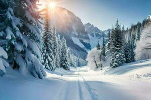 a snowy road in the mountains with trees. AI-Generated photo