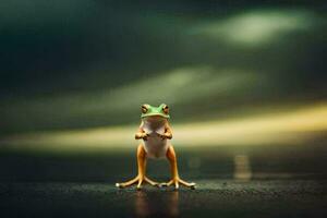 a frog standing on a dark background. AI-Generated photo