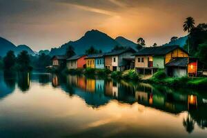 colorful houses on the banks of a river at sunset. AI-Generated photo