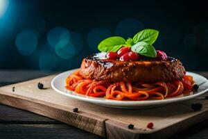 un plato con carne y vegetales en él. generado por ai foto