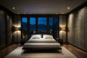 un dormitorio con un ver de el ciudad a noche. generado por ai foto