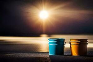 two buckets sit on the beach at sunset. AI-Generated photo